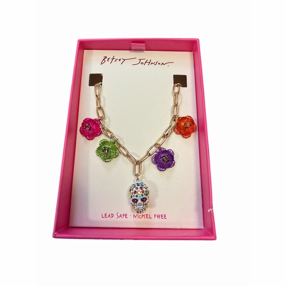 Betsey Johnson Sugar Skull Pendant Necklace Gold Multicolor Rhinestone